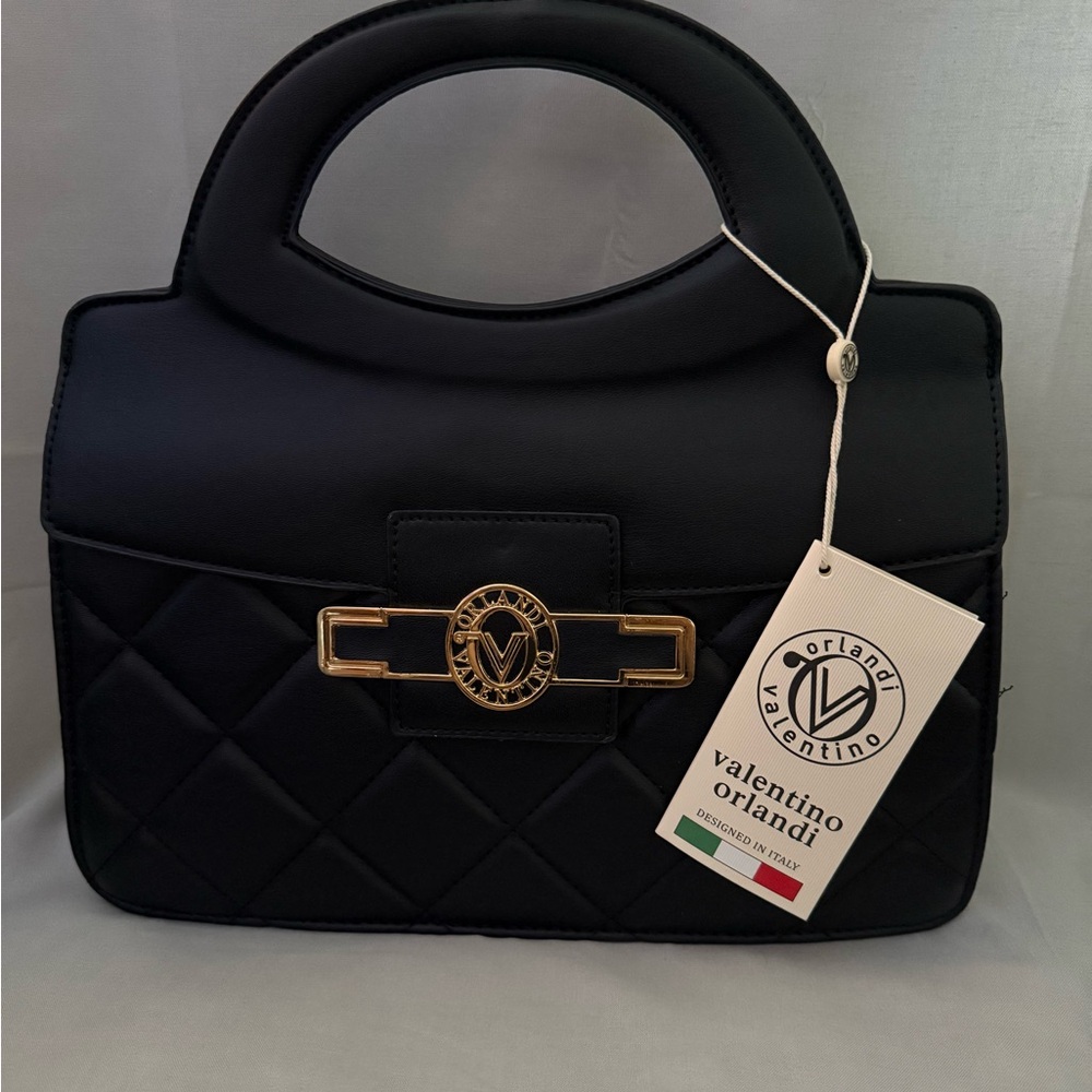 Valentino Orlandi Black Quilted Satchel with Gold Hardware